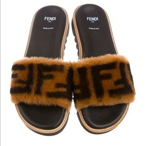 Fendi Zucca Shearling Slides, Size 37/US 7.